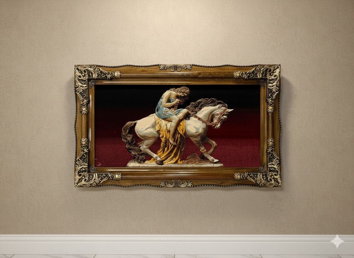 Özel Tasarım Barok Çerçeveli Tablo - At Üstünde Zarif Kadın (Heykel Efektli)