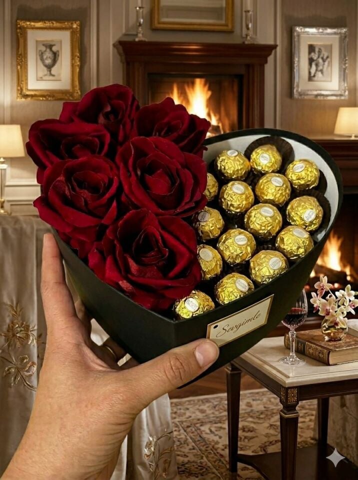 Sevgiliye Özel Kalp Kutu Aranjmanı - Kırmızı Gül & Altın Sargılı Çikolata Buketi