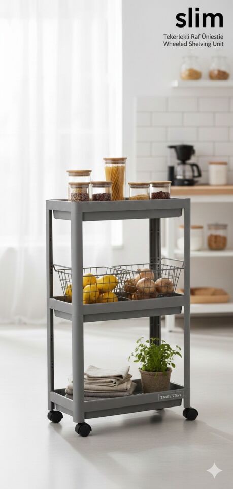 Slim Tekerlekli Raf Ünitesi (3 Katlı) Tasarım