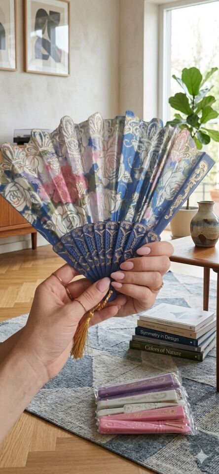 Çiçek Desenli - Altın Varak Detaylı Yelpaze