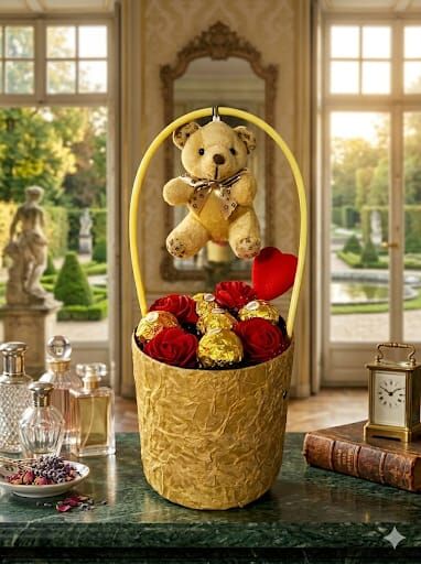 Altın Işıltılı Aşk Buketi - Peluş Ayı ve Çikolata Hediye Seti
