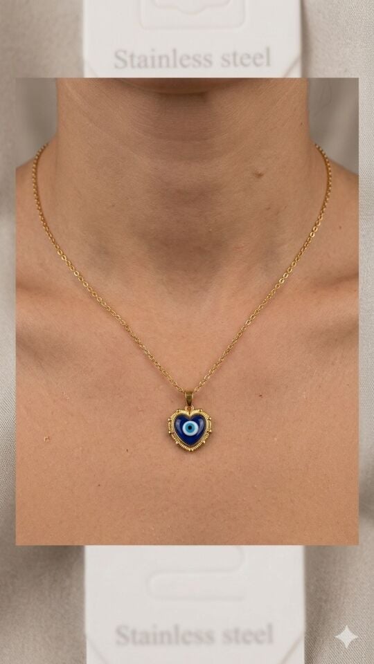 Nazar Boncuklu Kalp Kolye