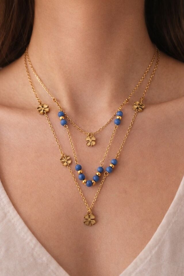 Tek Kolye ile 3'lü Şıklık Seti - Yonca Figürleri Doğal Taş Detayları