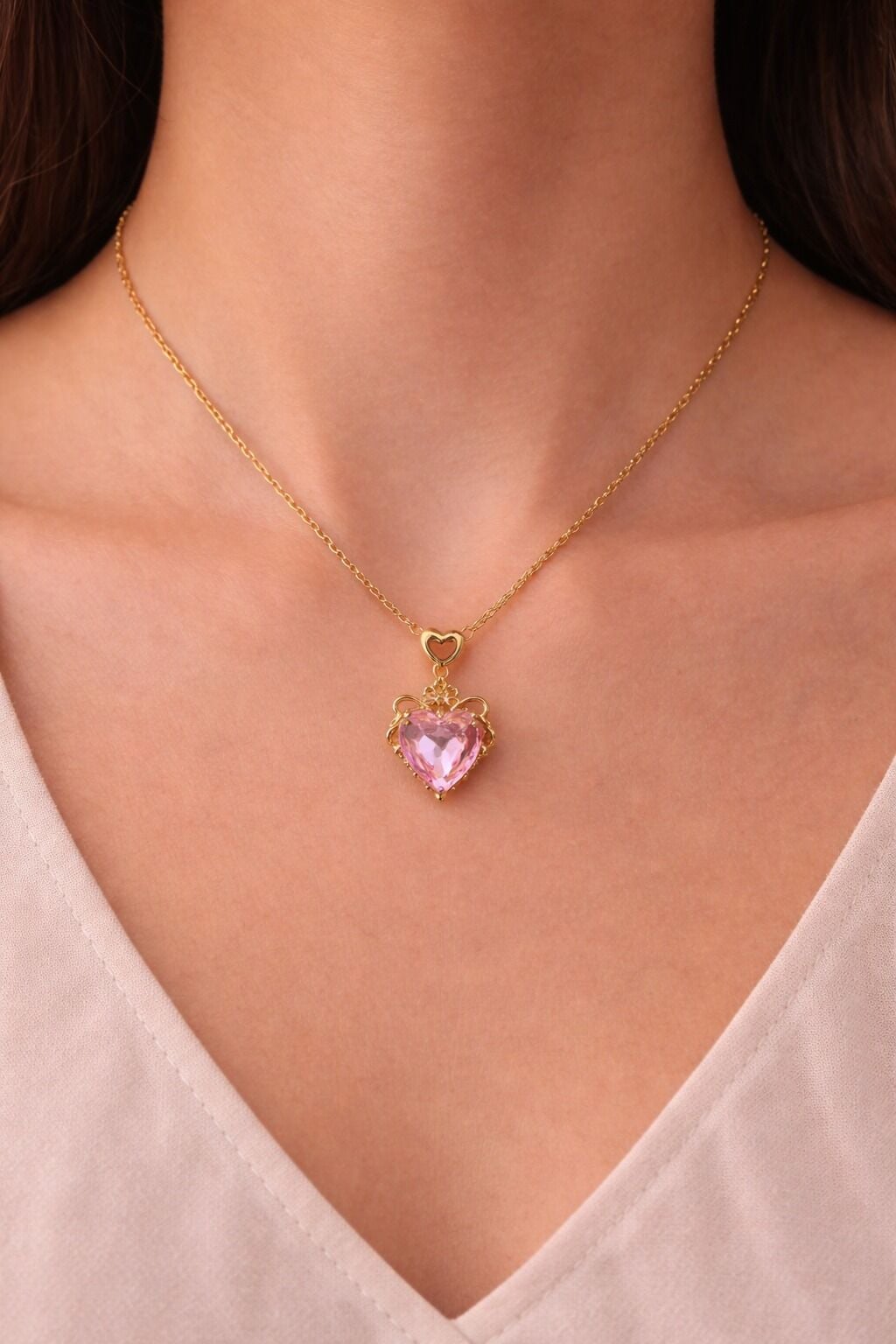 316L Çelik Vintage Tasarım Pembe Kristal Kalp Kolye