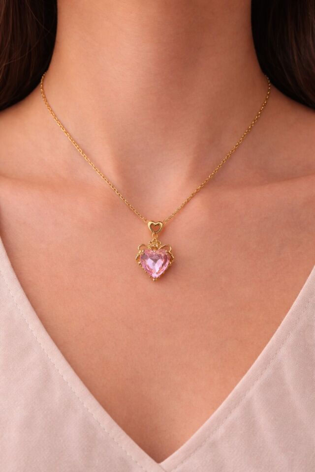 316L Çelik Vintage Tasarım Pembe Kristal Kalp Kolye