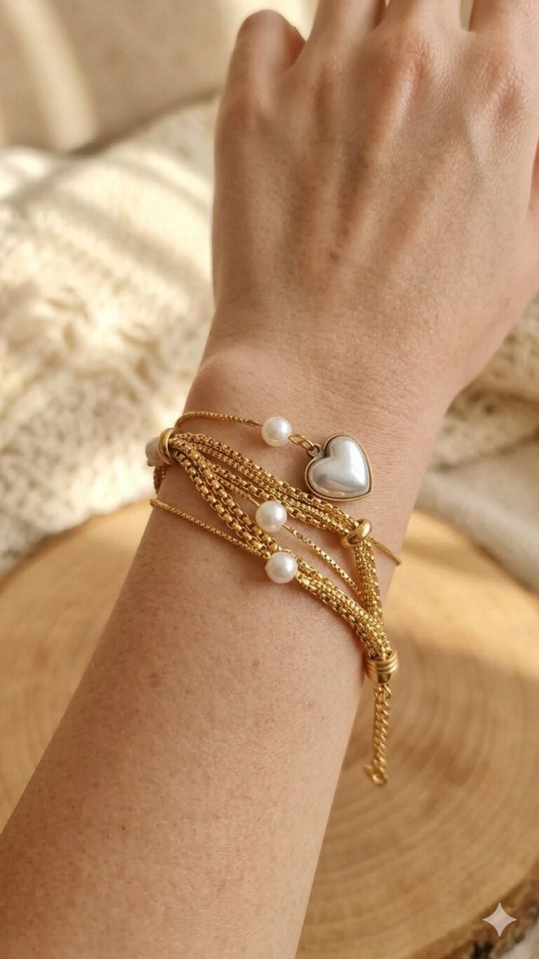 Çelik Kalp ve İnci Detaylı Çoklu Zincir/Hasır Bileklik