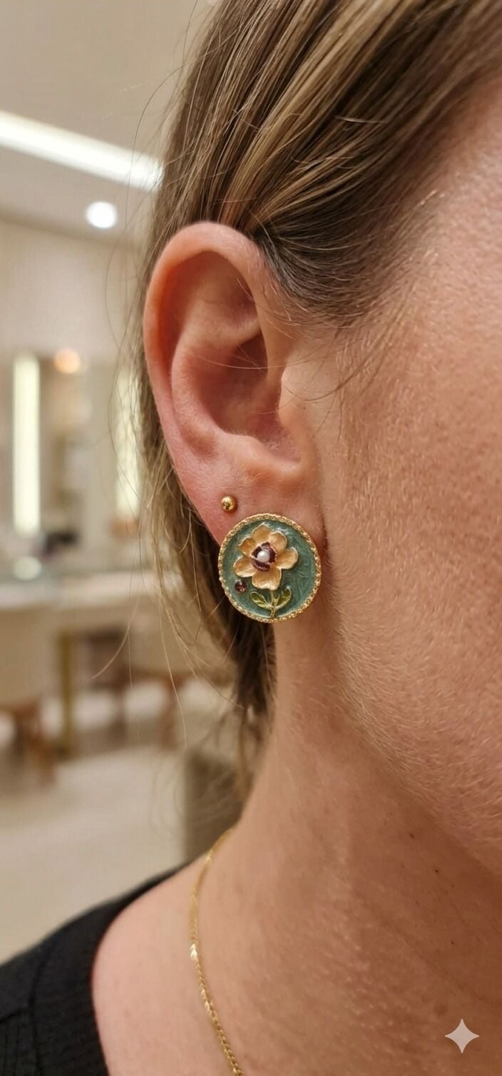 316L Çelik Mine İşlemeli Vintage Çiçekli Madalyon Küpe