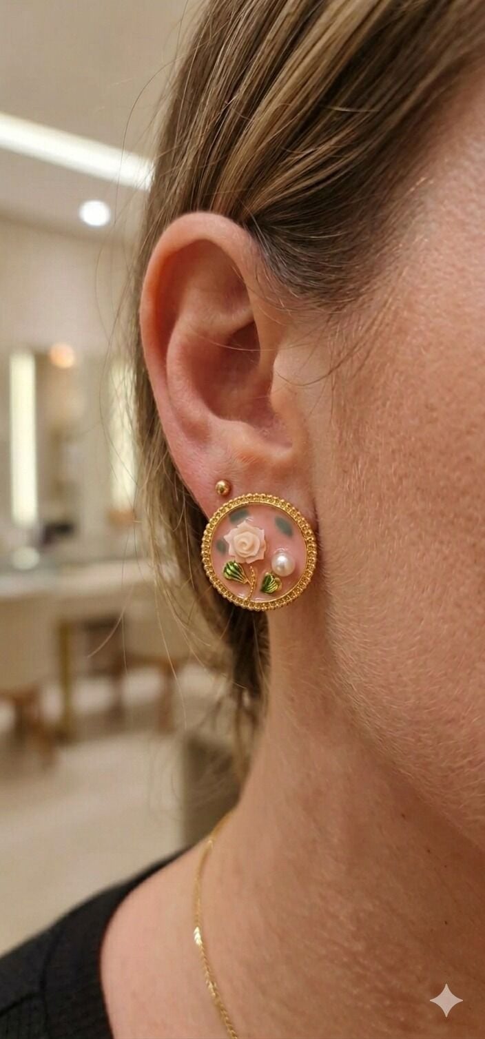 316L Çelik Mine İşçilikli Vintage Çiçekli Madalyon Küpe