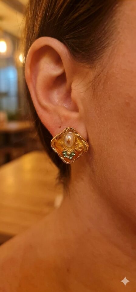 Nostaljik Barok (İnci & Yeşil Taş Detaylı) Küpe