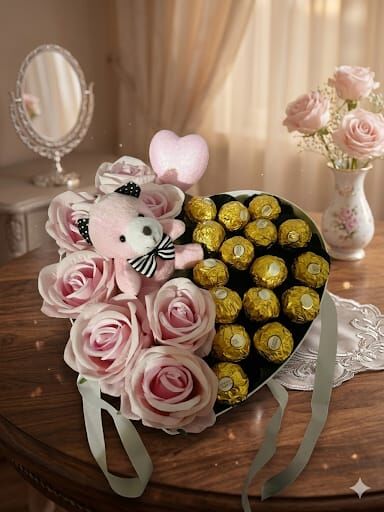 Pembe Güllü, Ayıcıklı ve Çikolatalı Kalp Hediye Kutusu