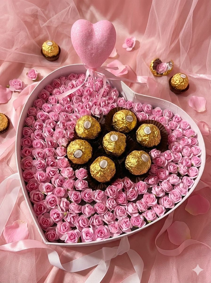 Pembe Gül ve Ferrero Rocher Detaylı Kalp Kutu - El Emeği - Kişiye Özel