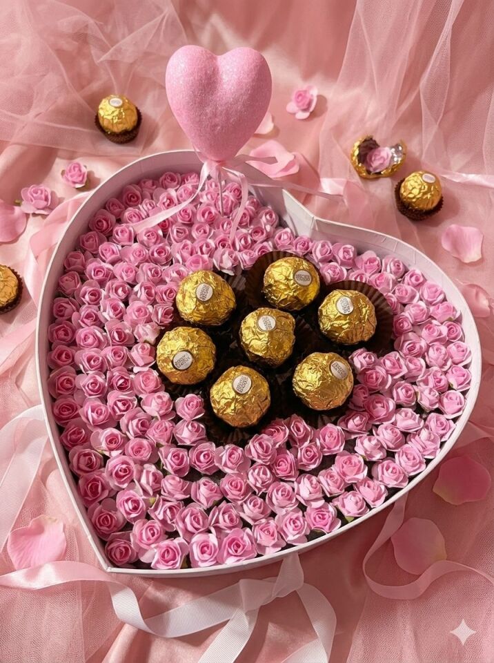 Pembe Gül ve Ferrero Rocher Detaylı Kalp Kutu - El Emeği - Kişiye Özel