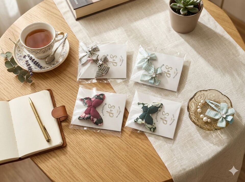 Kelebek ve Pötikare Desenli Fiyonklu Saç Tokası - 4lü Set