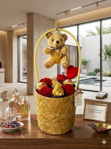 Altın Işıltılı Aşk Buketi - Peluş Ayı ve Çikolata Hediye Seti