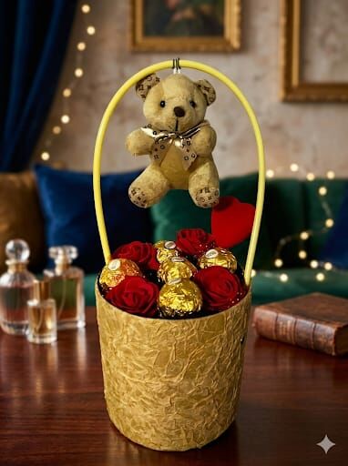 Altın Işıltılı Aşk Buketi - Peluş Ayı ve Çikolata Hediye Seti