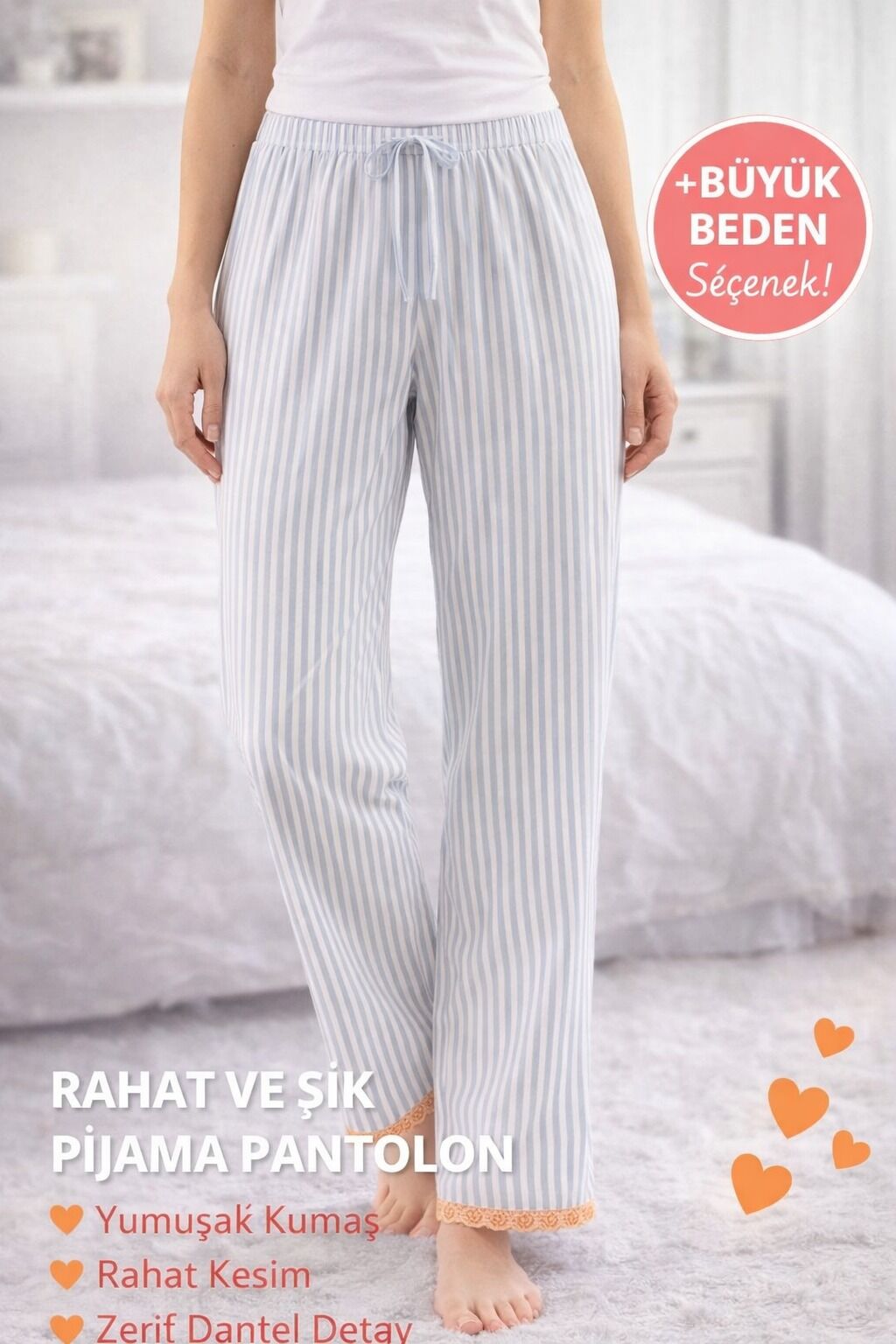 SoftComfort Çizgili Kadın Pijama Altı – Mavi