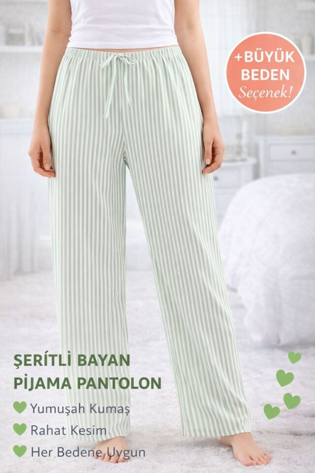 Çizgili Pastel Yeşil Kadın Pijama Altı