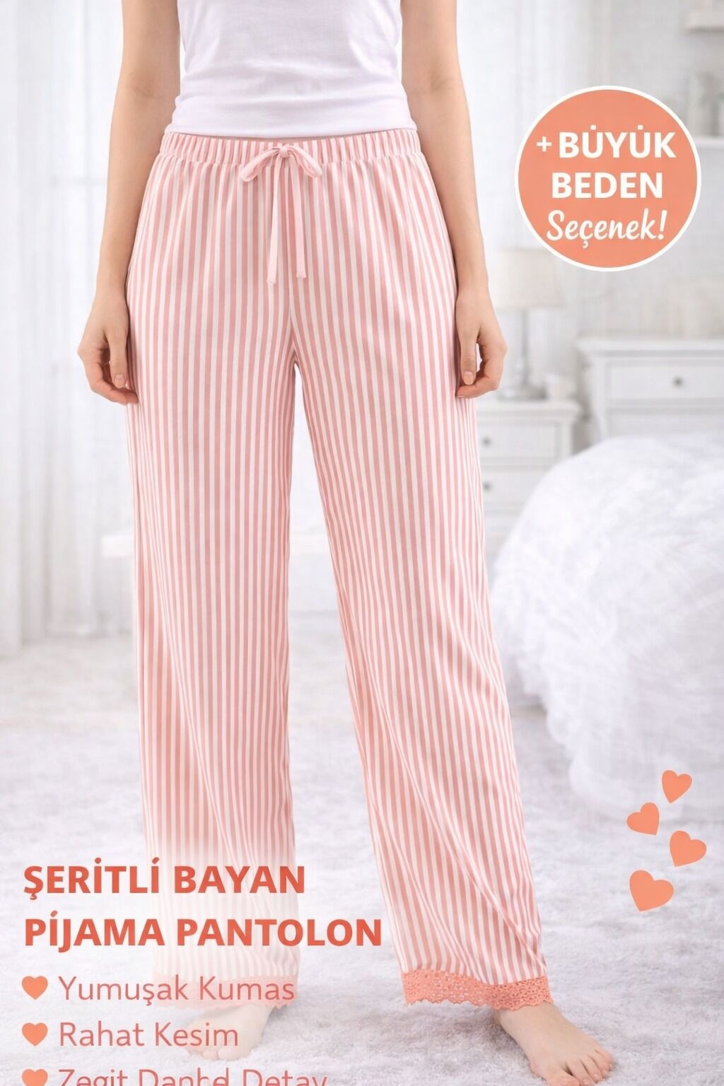 Dantel Detaylı Çizgili Kadın Pijama Altı – Şeker Pembe / Kırmızı