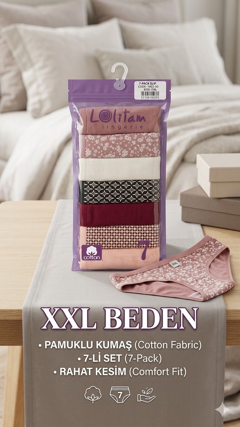 Lolitam Lingerie 7’li Paket Pamuklu XXL Slip Külot Seti – Gül Kurusu & Desenli