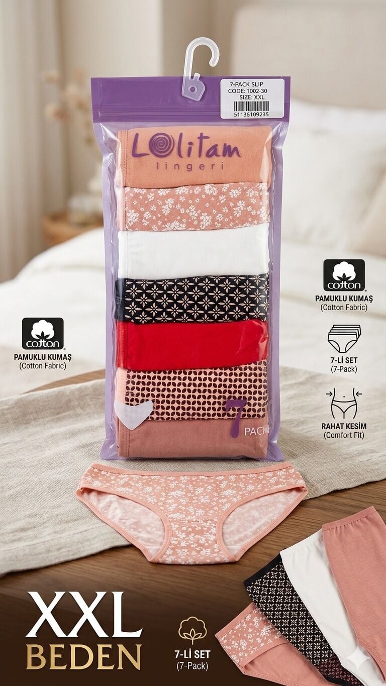 Lolitam Lingerie 7’li Paket Pamuklu XXL Slip Külot Seti