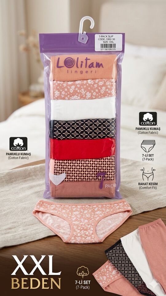 Lolitam Lingerie 7’li Paket Pamuklu XXL Slip Külot Seti