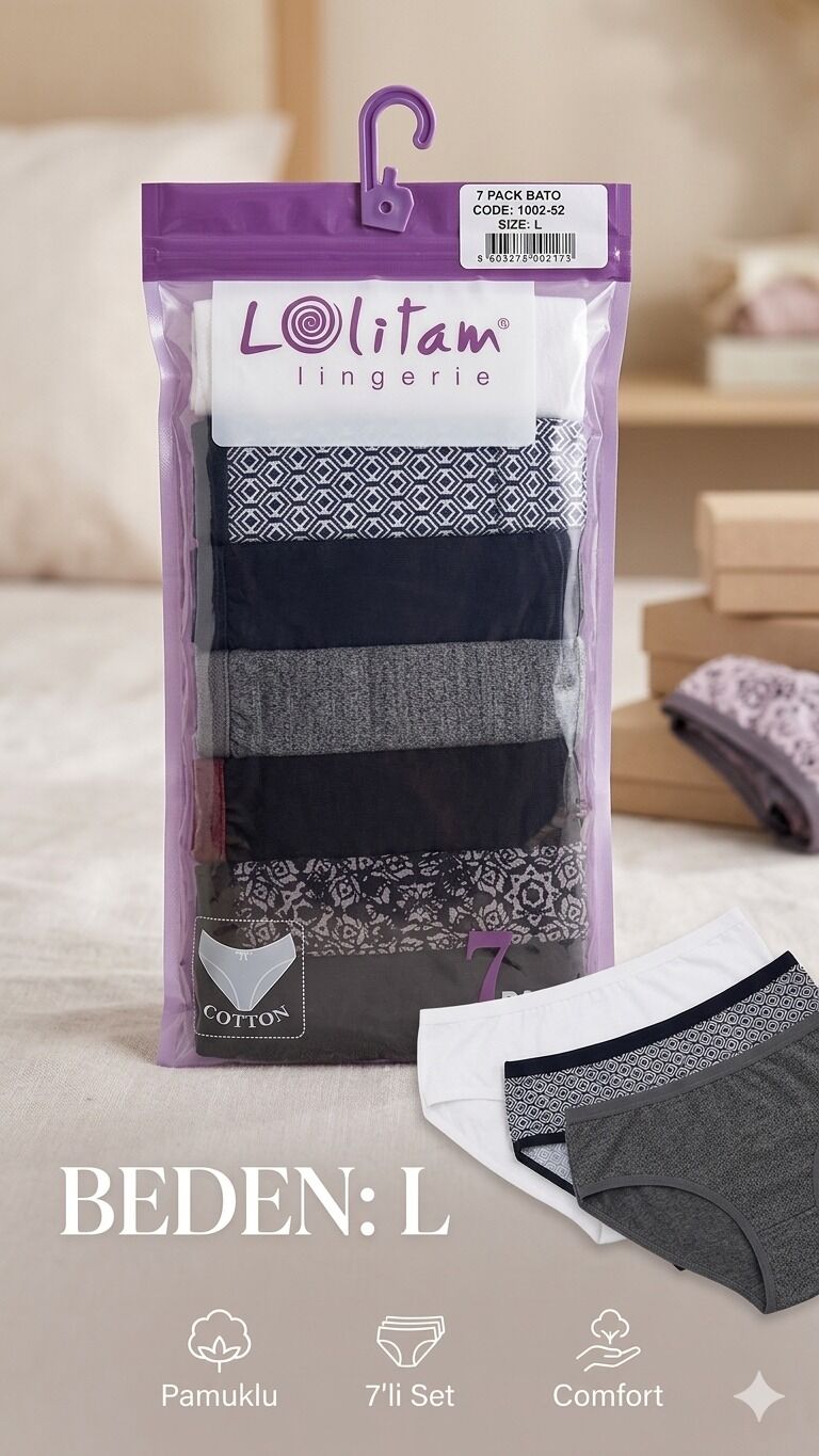 Lolitam Lingerie 7'li Pamuklu Kadın Bato Külot Seti - L Beden