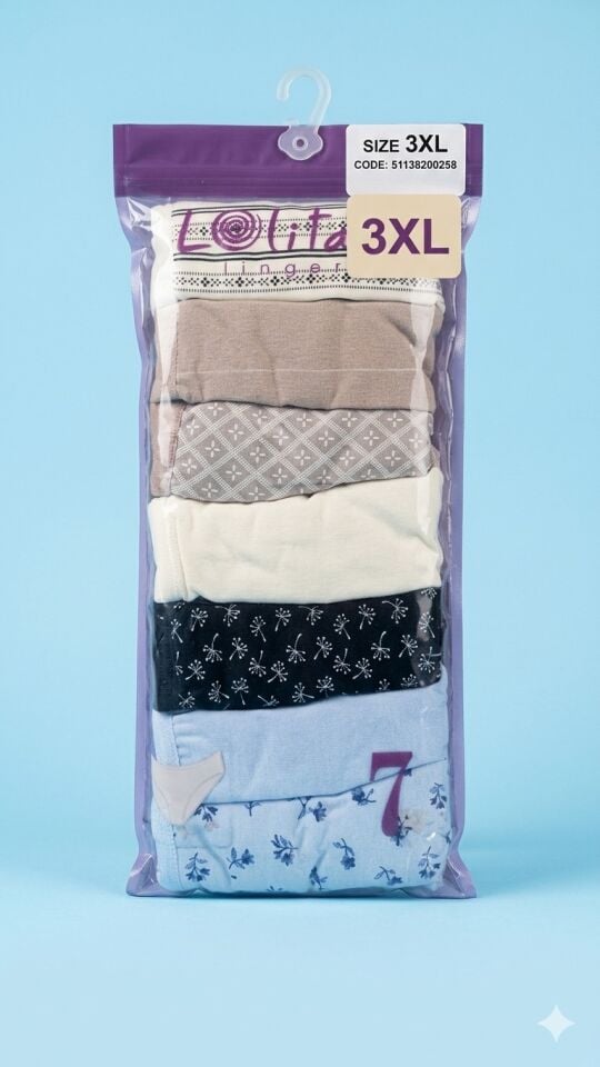 Lolitam Lingerie 7'li Pamuklu Büyük Beden Kadın Bato Külot Seti - 3XL