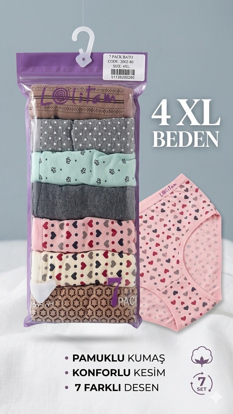 Lolitam Lingerie 7'li Pamuklu Büyük Beden Kadın Bato Külot Seti - 4XL