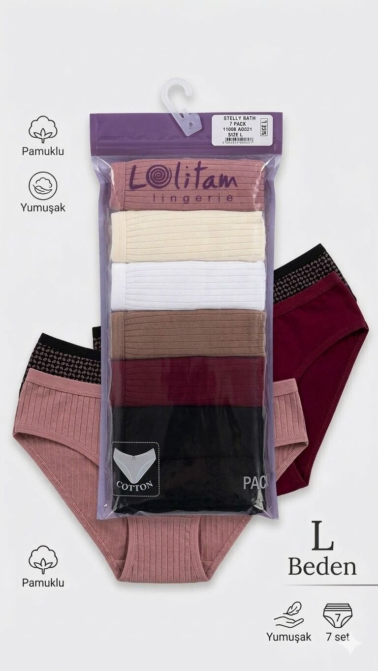 Lingerie 7'li Pamuklu Fitilli Kadın Bato Külot Seti L