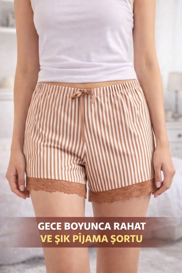 Dantel Detaylı Çizgili Kadın Pijama Şortu - Kahverengi / Beyaz