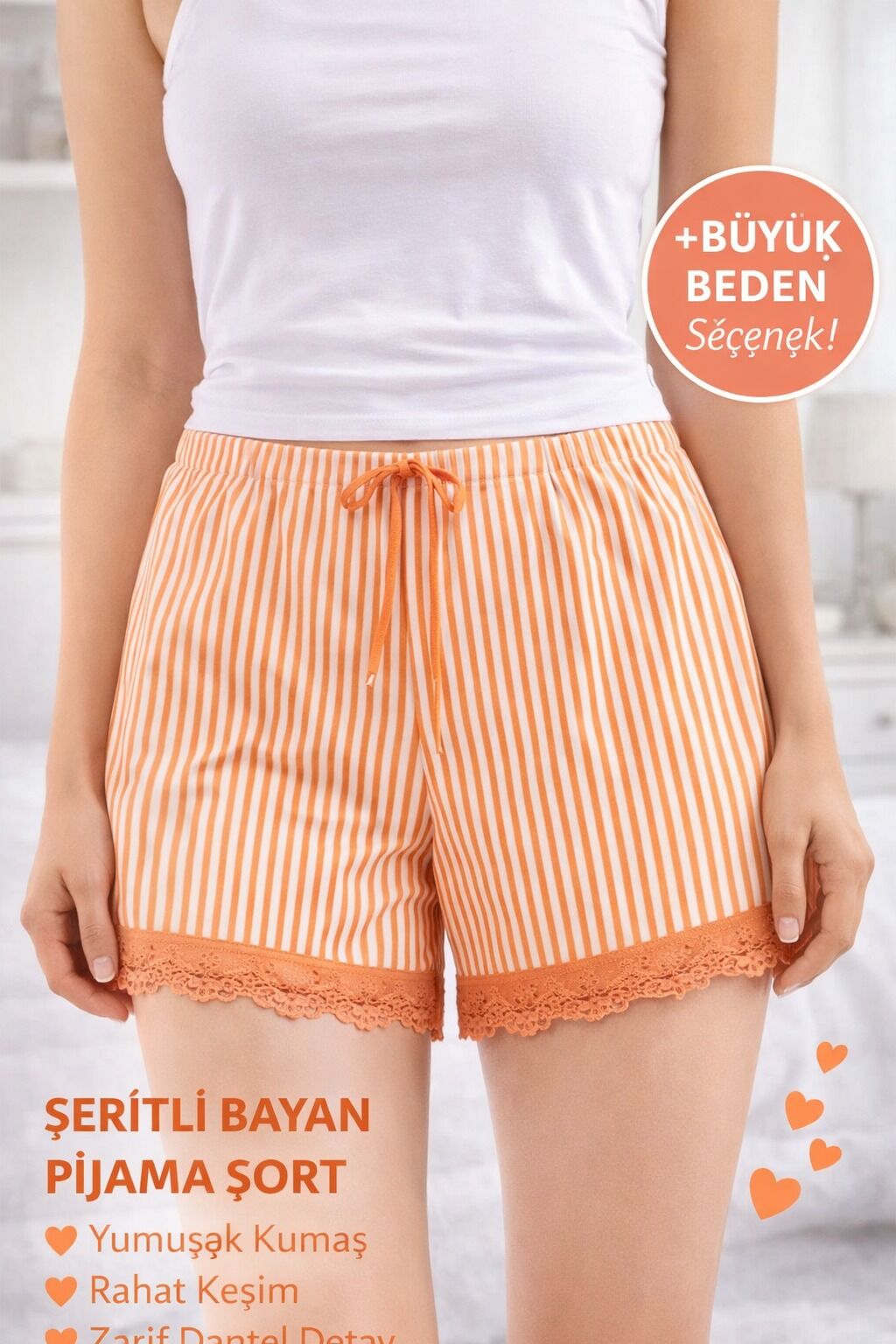 Dantel Detaylı Çizgili Kadın Pijama Şortu - Turuncu / Beyaz XL