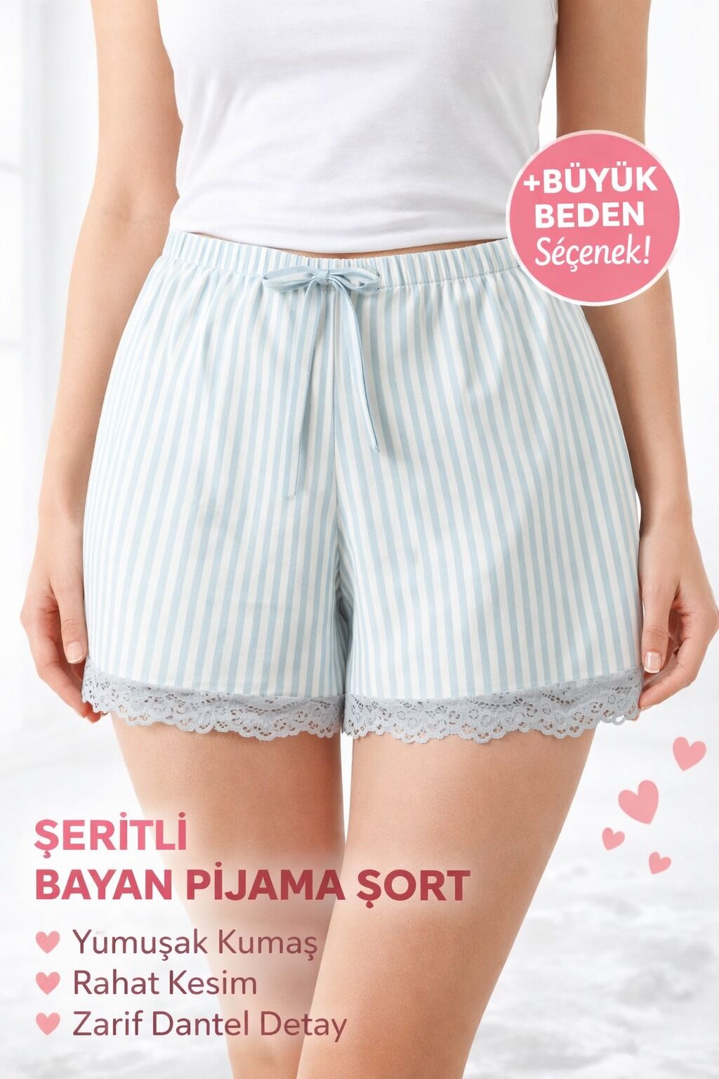 Dantel Detaylı Çizgili Kadın Pijama Şortu - Su Yeşili / Beyaz