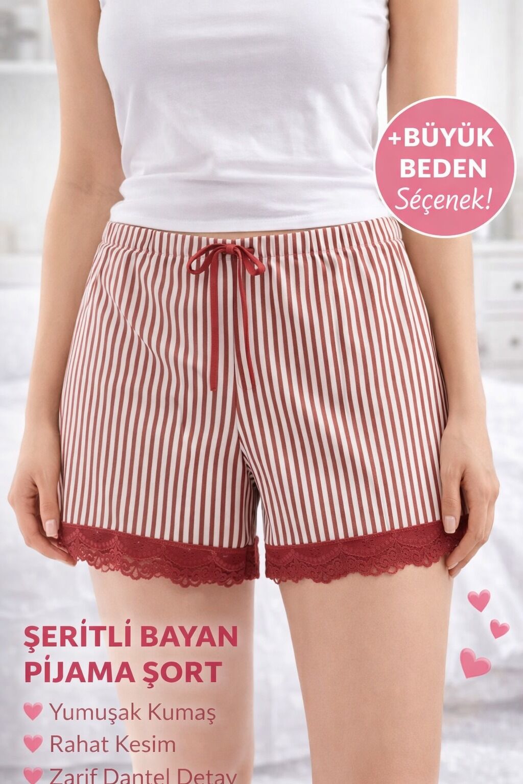 Dantel Detaylı Çizgili Kadın Pijama Şortu - Kırmızı / Beyaz XXL