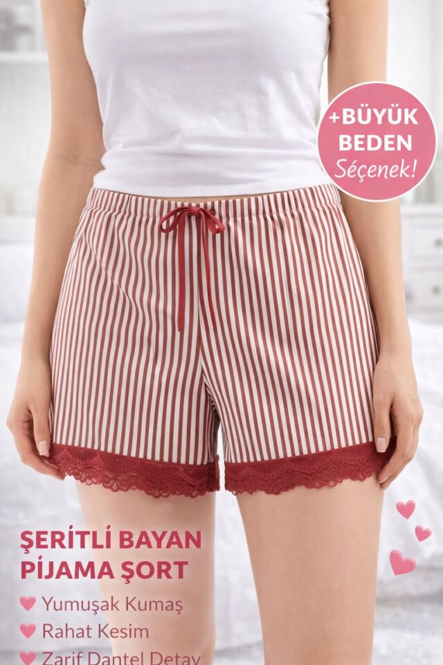 Dantel Detaylı Çizgili Kadın Pijama Şortu - Kırmızı / Beyaz XXL